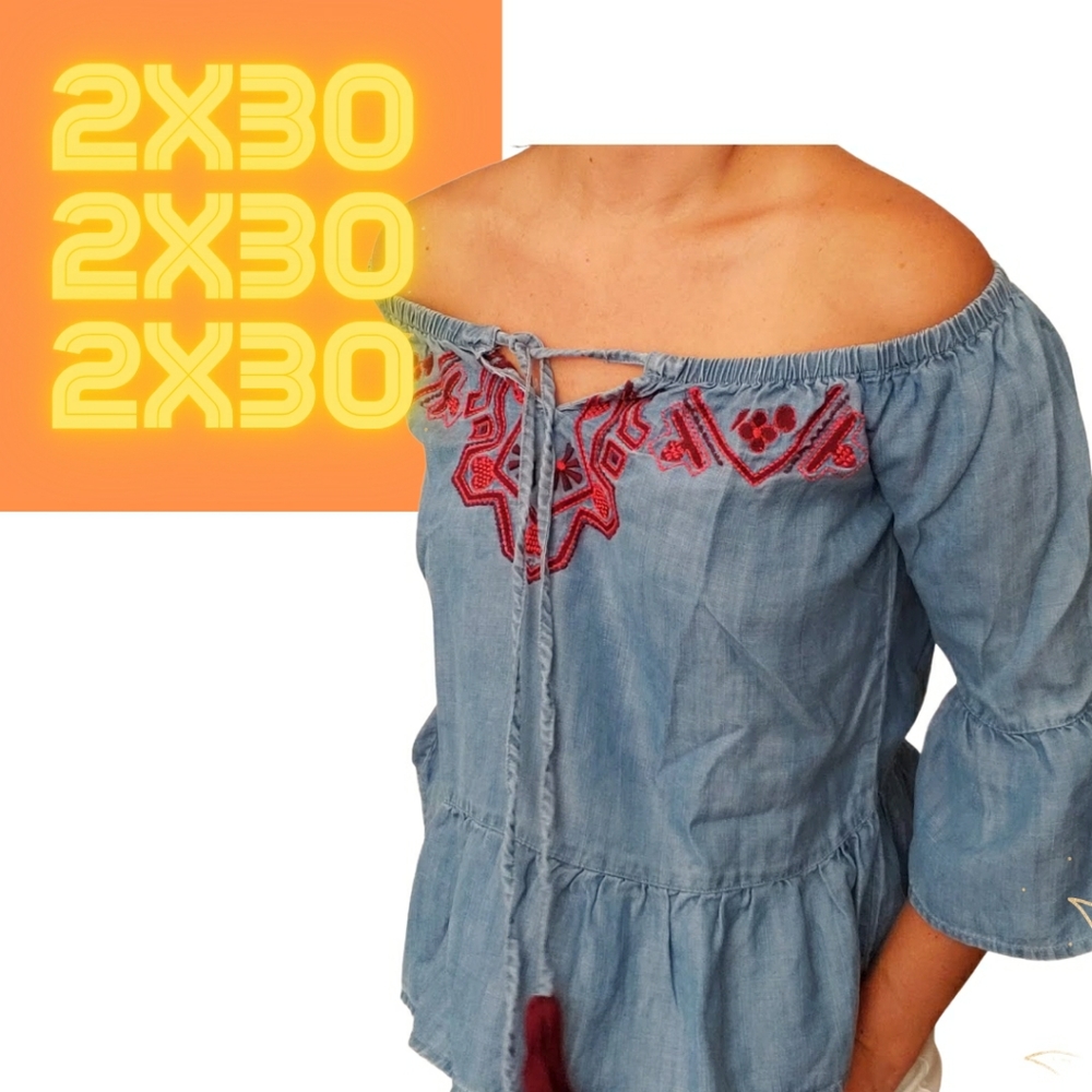 Blue Rain Off The Shoulder Gypsy Top Small